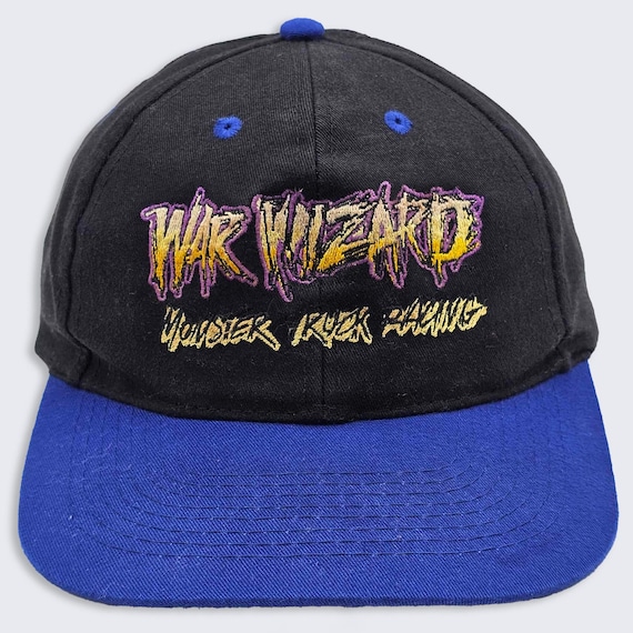 War Wizard Vintage 90s Monster Truck Rock Racing Hat - Adjustable Strap Back - Black & Blue Color Cap - One Size Fits All - FREE SHIPPING