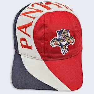 May include: A baseball cap featuring a color-blocked design in red, white, and navy blue. The cap displays an embroidered graphic of a snarling panther on the front panel and the word PANTHERS stitched in red lettering along the white side panel.