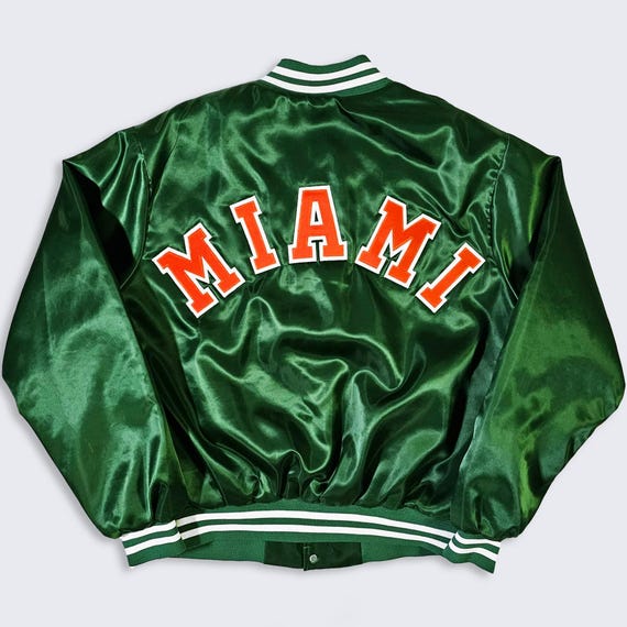 Miami Hurricanes Vintage 80s Chalk Line Satin Bomber Jacket - University College Green Coat - Men's Size: Extra Large ( XL ) - Free Shipping