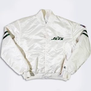 New York Jets Vintage 80s Starter Satin Bomber Jacket - NFL Football Pearl White Varsity Coat - Made in USA - Men&#39;s Size : L - Free Shipping