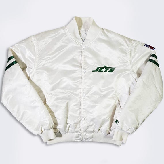 New York Jets Vintage 80s Starter Satin Bomber Jacket - NFL Football Pearl White Varsity Coat - Made in USA - Men's Size : L - Free Shipping