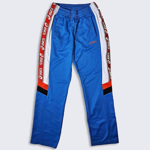 Asics Vintage 90s Track Pants - Blue, White and Orange - Stitched On Logo - Polyester & Cotton Blend - Men's Size : Small (S) -FREE SHIPPING