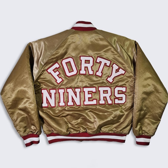 San Francisco 49ers Vintage 80s Chalk Line Satin Bomber Jacket - NFL Football Gold Color Coat - Size Men's : Large ( L ) - Free Shipping