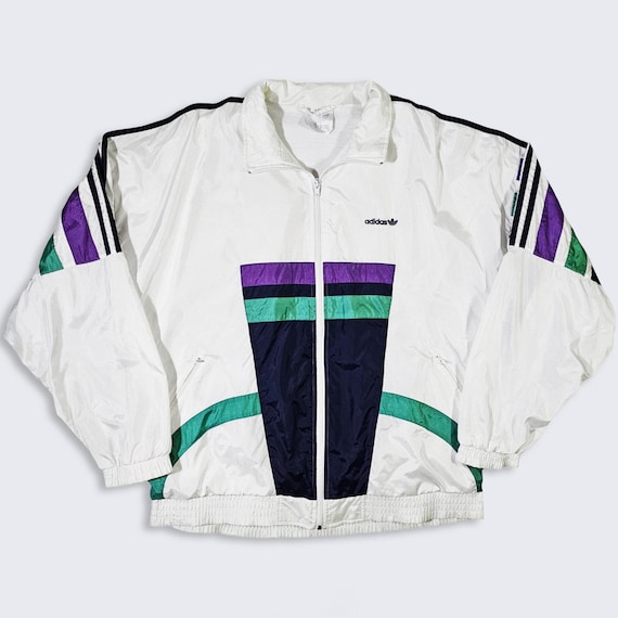 Adidas Vintage 90s Color Block Windbreaker Jacket - White Color Lightweight Coat - Stitched On Logo - Men's Size : 2XL / XXL - FREE SHIPPING