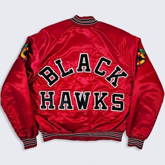 Chicago Black Hawks Vintage 90s Chalk Line Satin Bomber Jacket - NHL Hockey Red Color Coat - Men's Size : Large ( L ) - Free SHIPPING
