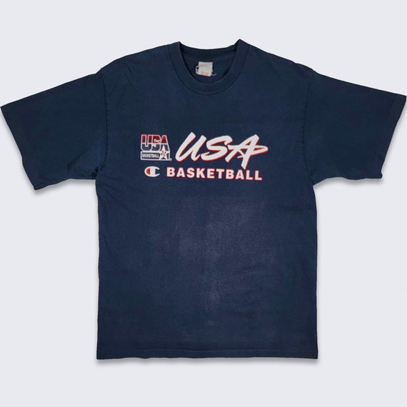 USA Basketball Vintage 90s Dream Team Champion T-Shirt - Made in Italy - Single Stitch Navy Blue Tee - Men's Size Large - FREE SHIPPING