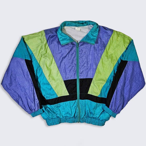 Vintage 90s Color Block Windbreaker Track Jacket - Light Weight Multi Color Coat - Zipper Closure - Men's Size : Large ( L ) - FREE SHIPPING