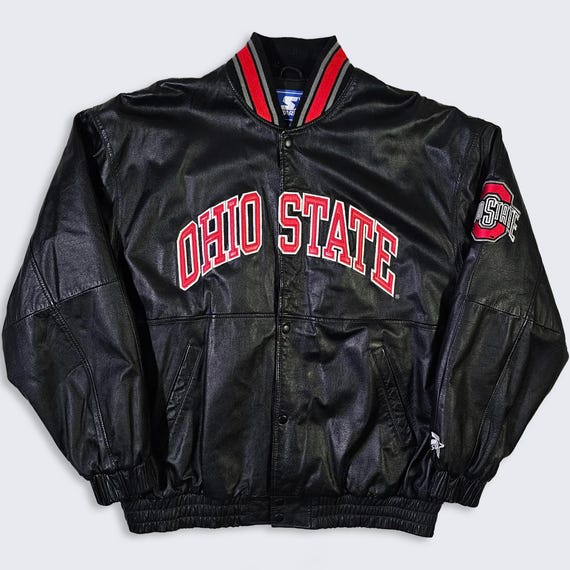 Ohio State Buckeyes Vintage 90s Starter Leather Jacket - 100% Genuine Leather - Black Varsity Style Coat - Men's Size : XL - Free SHIPPING