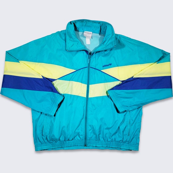 Adidas Vintage 90s Windbreaker Track Jacket - Light Weight Blue & Yellow Color Coat - Stitched on Logo - Men's Size Large - FREE SHIPPING