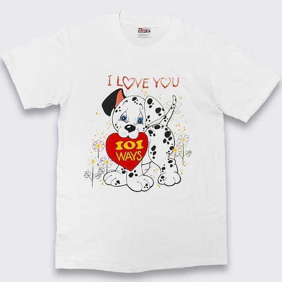 101 Dalmatians Vintage I Love You Cute T-Shirt - White Hanes Beefy Tee - 100% Cotton - Disney - Size Men's Small - FREE SHIPPING
