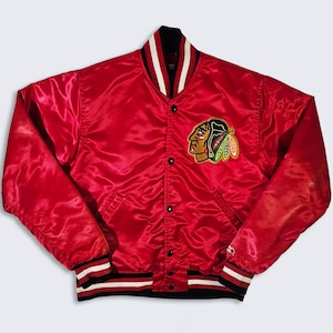 Chicago Blackhawks Vintage 80s Starter Satin Bomber Jacket - NHL Hockey Red Coat - Made in USA - Men&#39;s Size : Small ( S ) - Free SHIPPING