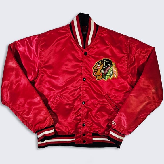 Chicago Blackhawks Vintage 80s Starter Satin Bomber Jacket - NHL Hockey Red Coat - Made in USA - Men's Size : Small ( S ) - Free SHIPPING