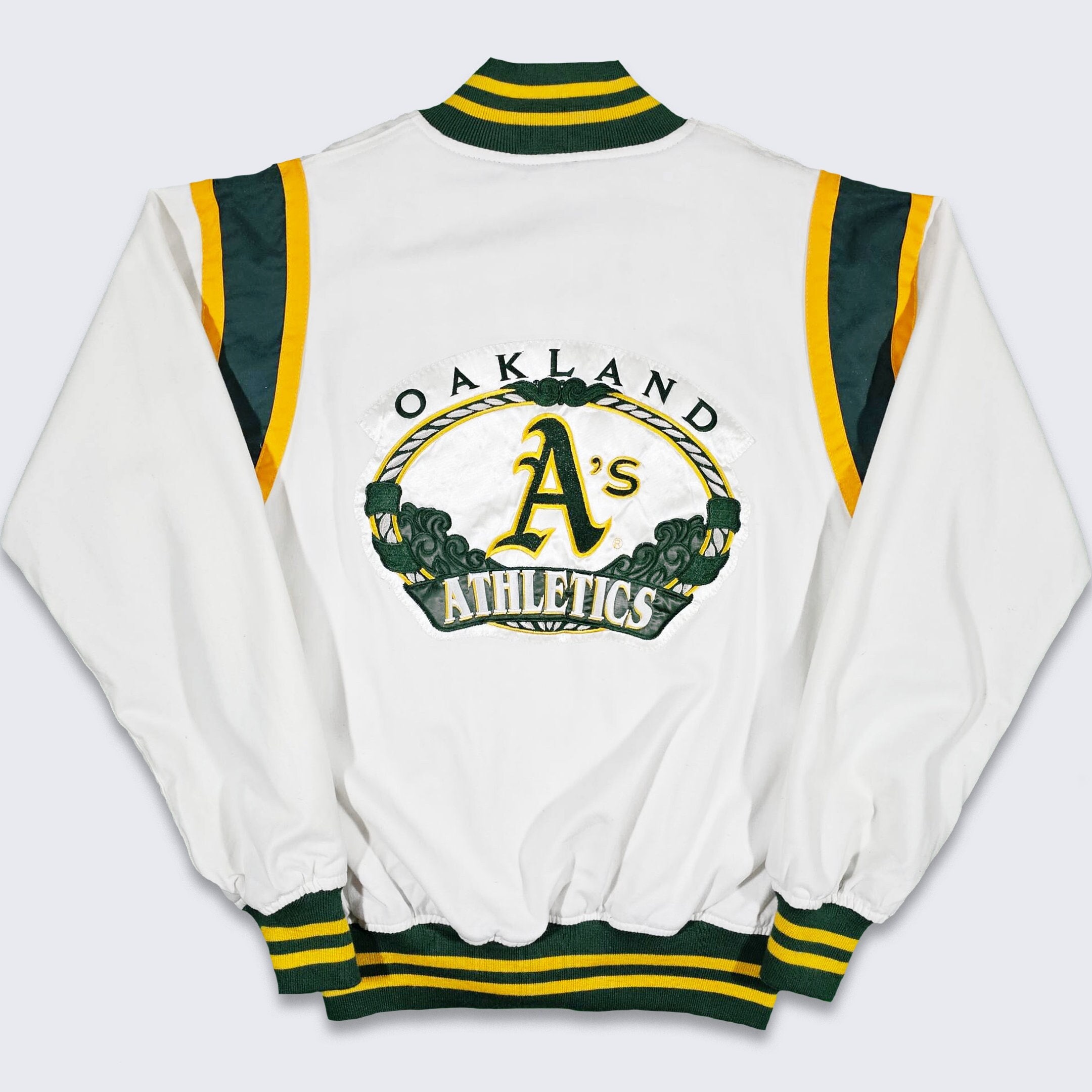 Oakland A's Athletics Vintage 90s Starter Varsity Jacket - MLB Baseball White Green & Yellow Lightweight Coat - Size Small 