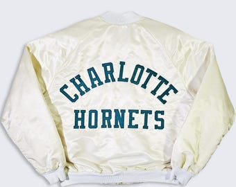 Charlotte Hornets Vintage 90s Chalk Line Satin Bomber Jacket - NBA Basketball Pearl White Varsity Coat - Men's : Large ( L ) - Free SHIPPING