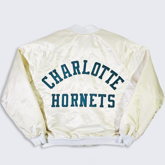 Charlotte Hornets Vintage 90s Chalk Line Satin Bomber Jacket - NBA Basketball Pearl White Varsity Coat - Men's : Large ( L ) - Free SHIPPING