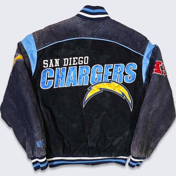 San Diego Chargers Vintage NFL Suede Leather Bomber Jacket - Navy Color Coat - Stitched On Logos & Letters - Men's Size M - Free Shipping