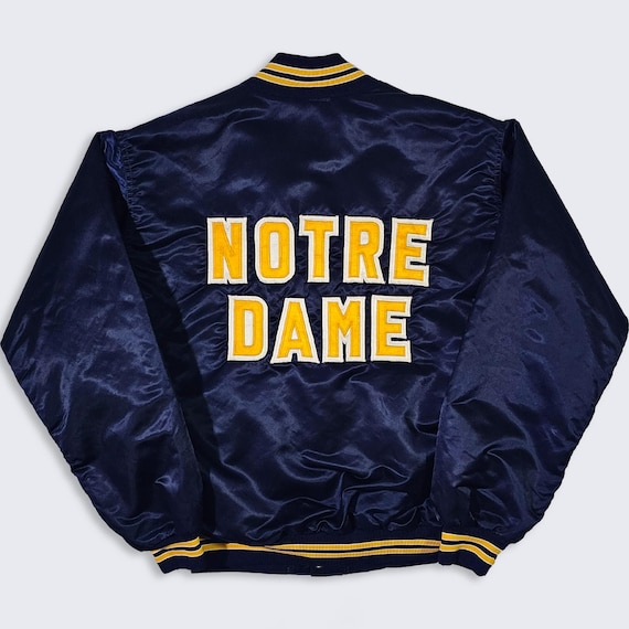 Notre Dame Fighting Irish Vintage 80s Satin Bomber Jacket - University College Navy Blue Coat - Men's Size : Large ( L ) - FREE SHIPPING