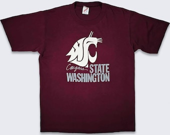 Washington State Cougars Vintage 90s Single Stitch T-Shirt - WSU University Burgundy Red Jerzees Tee - Made in USA - Size L - Free SHIPPING