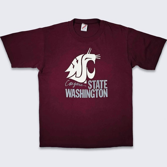 Washington State Cougars Vintage 90s Single Stitch T-Shirt - WSU University Burgundy Red Jerzees Tee - Made in USA - Size L - Free SHIPPING