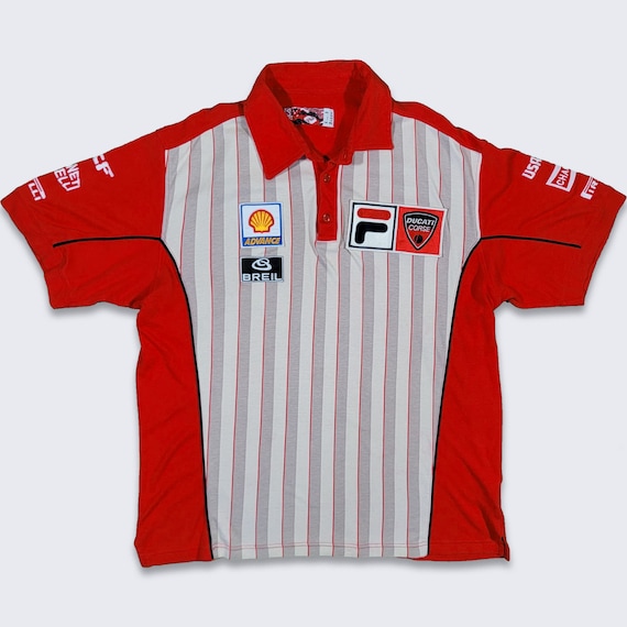 Fila Vintage 90s Ducati Motorcycle Racing Polo Shirt - Moto Sport - Red, Gray & White - Stitched on Logos - Size Men's Medium -FREE SHIPPING