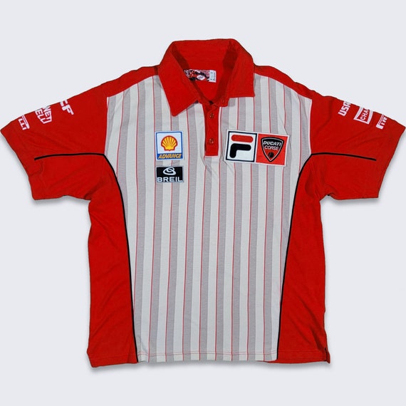 Fila Vintage 90s Ducati Motorcycle Racing Polo Shirt - Moto Sport - Red, Gray & White - Stitched on Logos - Size Men's Medium -FREE SHIPPING