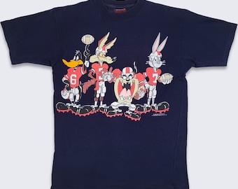 Looney Tunes Vintage 90s Football Team T-Shirt - Double Sided America's Favorites Navy Blue Tee - Men's Size Medium ( M ) - FREE SHIPPING