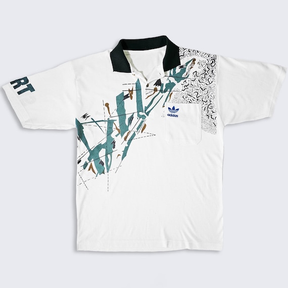 Adidas Vintage 90s Polo Sport Tennis Collar T-Shirt - White Color Collared Tee - Stitched on Logo - Men's Size : Small ( S ) - FREE SHIPPING