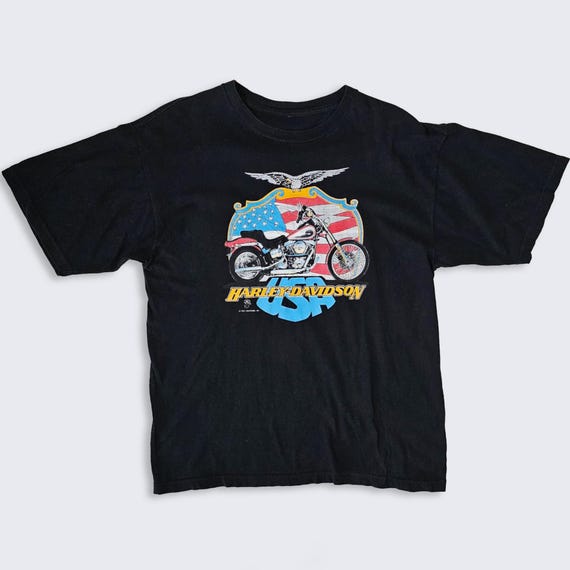 Harley Davidson Vintage 90s USA American Flag Eagle T-Shirt - Black Color Tee - 1990 Holourek - Men's Size : Medium ( M ) - Free Shipping