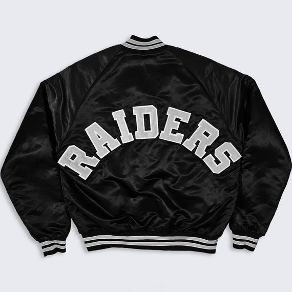 Los Angeles Raiders Vintage 80s Chalk Line Satin Bomber Jacket - NFL Football Black Color Coat - Size Men's : Medium ( M ) - Free SHIPPING