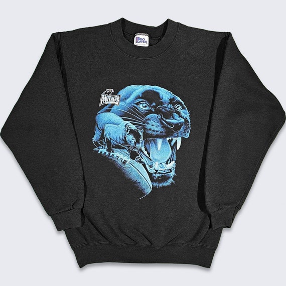 Carolina Panthers Vintage 90s Pro Player Sweatshirt - NFL Football Black Blue Sweater - Size Youth 2XL - Men's Medium - Free Shipping