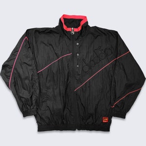 Diadora Vintage 90s Keep Moving Windbreaker Jacket - Black and Red Color Light Coat - Keep Moving - Size Men&#39;s Large - FREE SHIPPING