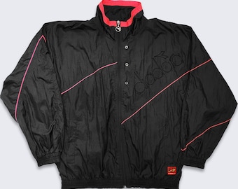 Diadora Vintage 90s Keep Moving Windbreaker Jacket - Black and Red Color Light Coat - Keep Moving - Size Men's Large - FREE SHIPPING