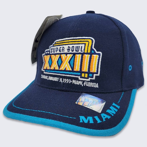 Super Bowl XXXIII Vintage 90s Logo Athletic Strap Back Hat - NFL Football Blue Cap - NWT - Miami Florida - One Size Fits All - Free Shipping