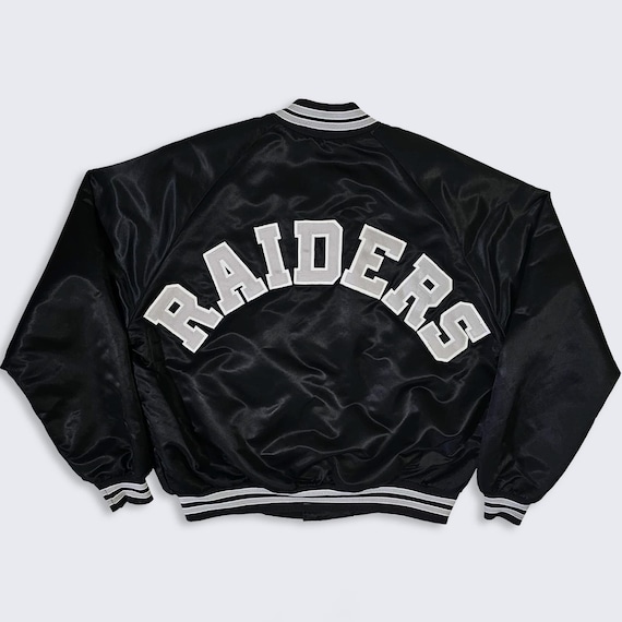 Los Angeles Raiders Vintage 80s Chalk Line Satin Bomber Jacket - NFL Football Black Coat - Size Men's : Extra Large ( XL ) - Free SHIPPING