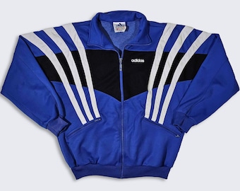 Adidas Vintage 90s Blue Track Jacket - Light Weight Blue, White & Black Color Coat - Stitched on Logo - Men's Size Large (L) - FREE SHIPPING