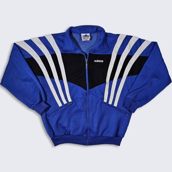 Adidas Vintage 90s Blue Track Jacket - Light Weight Blue, White & Black Color Coat - Stitched on Logo - Men's Size Large (L) - FREE SHIPPING