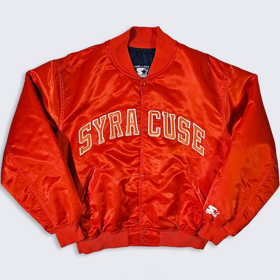 Syracuse Orange Men Vintage 80s Starter Satin Bomber Jacket - Orange Color Coat - Made in USA - Men's Size : Large ( L ) - FREE SHIPPING