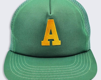 Letter A Vintage 70s Youngan Green Trucker Snapback Hat - Green Color Cap - Stitched On Logo - Mesh - One Size Fits All - FREE SHIPPING