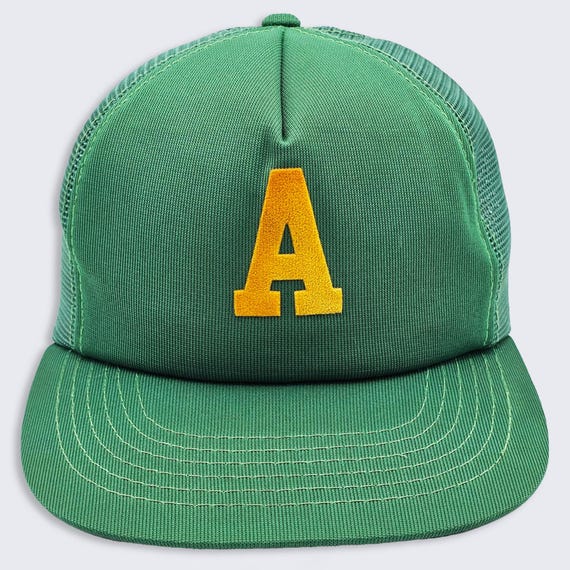 Letter A Vintage 70s Youngan Green Trucker Snapback Hat - Green Color Cap - Stitched On Logo - Mesh - One Size Fits All - FREE SHIPPING
