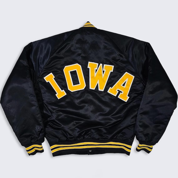 Iowa Hawkeyes Vintage 80s Chalk Line Satin Bomber Jacket - University College Black & Yellow Coat - Men's Size : Small ( S ) - FREE SHIPPING