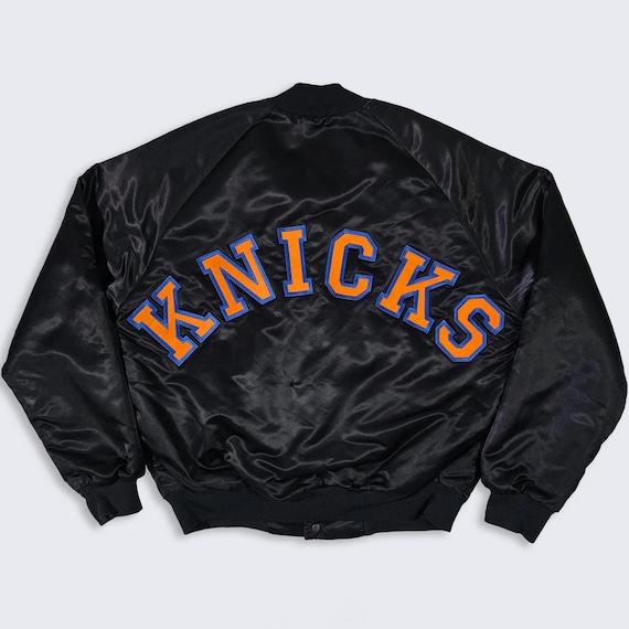 New York Knicks Vintage 80s Chalk Line Satin Bomber Jacket - Black Color Coat - Stitched On Logos - Men's Size: Medium ( M ) - FREE Shipping