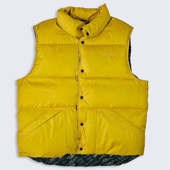 L.L. Bean Vintage 80s Trail Down Puffer Vest - Yellow Color Waistcoat - Snap Closure - Men's Size : Extra Large ( XL ) - FREE SHIPPING