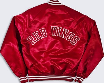 Chaqueta bomber de satén con diseño de tiza de los Detroit Red Wings, años 80, color rojo de hockey de la NHL, cosida - Talla de hombre: M - Envío gratis