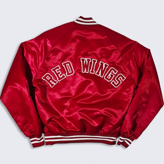 Detroit Red Wings Vintage 80s Chalk Line Satin Bomber Jacket - NHL Hockey Red Coat - Stitched On - Men's Size : Medium ( M ) - FREE Shipping