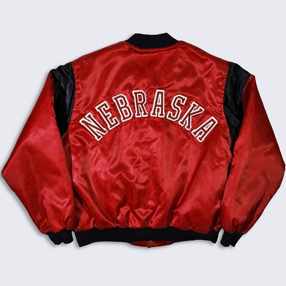 Nebraska Corn Huskers Vintage 80s Chalk Line Satin Bomber Jacket - College University Red Color Coat - Size Men's : XL - FREE SHIPPING
