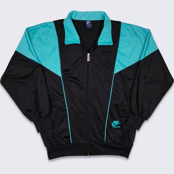 Nike Vintage 80s Color Block Track Jacket - Oregon USA - Black & Blue Athletic Coat - Zipper Closure - Men's Size : Large - FREE SHIPPING