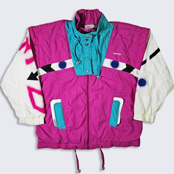 Adidas Originals Vintage 90s Neon Sport Jacket - Pink Teal White Medium Weight Coat - Zipper Closure - Size Men's: Large (L) - FREE SHIPPING