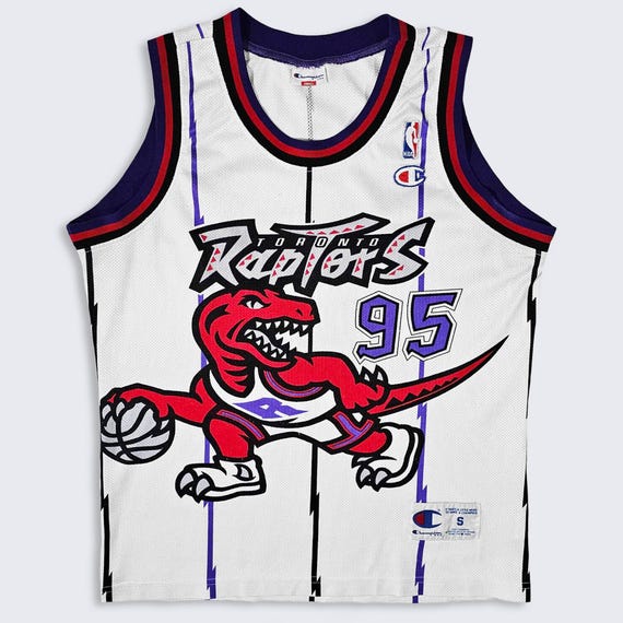 Toronto Raptors Vintage 90s Champion Dinosaur Basketball Jersey - White Color Uniform Shirt - Size Men's : Small ( S ) - Free Shipping