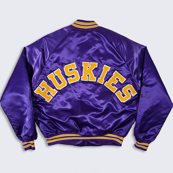 Washington Huskies Vintage 80s Chalk Line Satin Bomber Jacket - Made in USA - Purple & Yellow - Men's Size : Large ( L ) - Free Shipping