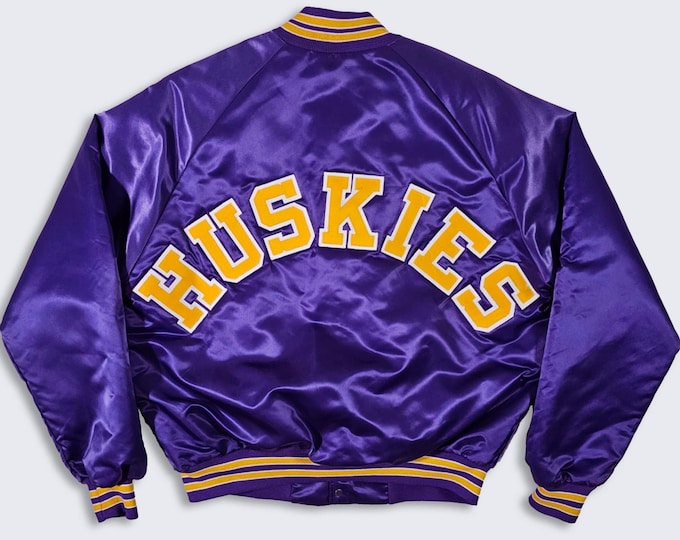 Featured listing image: Washington Huskies Vintage 80s Chalk Line Satin Bomber Jacket - Made in USA - Purple & Yellow - Men's Size : Large ( L ) - Free Shipping